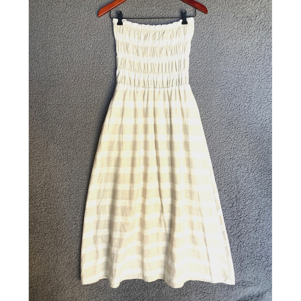 Fore Linen Smocked Oatmeal Horizontal Stripe Strapless Beachy Dress Womens S M